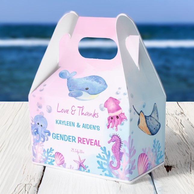 Unter dem Meeresgeschlecht zeigen rosa blaue Geschenkschachtel (Under the sea gender reveal favors pink and blue cute sea creatures personalized printed favor box)