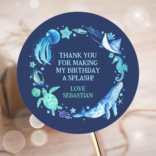 Unter dem Meeresgrund Vielen Dank an die Meerestie Runder Aufkleber (Under the Sea Watercolor Thank You Ocean Animals Classic Round Sticker)