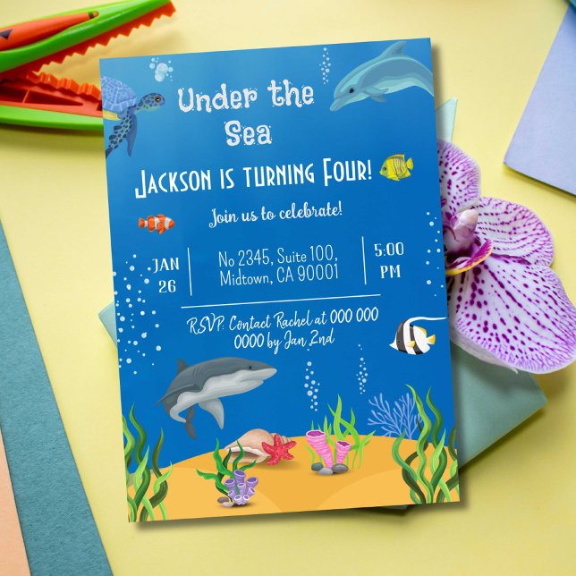 Unter dem Meeresschildkrötenhai Fisch 4. Geburtsta Einladung (Von Creator hochgeladen)