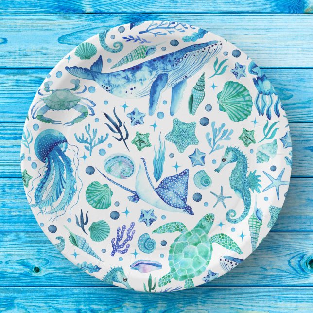 Unter dem Meereswasser Blauwal, Quallen Pappteller (Under the Sea Watercolor Blue Whale, Jellyfish Paper Plates)