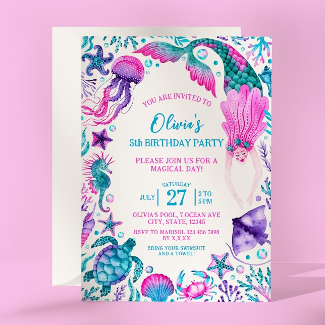 Unter dem Meereswasser Meerwassermädchen Geburtsta Einladung (Under the Sea Watercolor Mermaid Birthday Party Invitation)