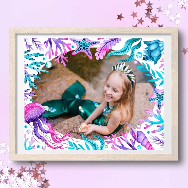 Unter dem Meerjungfrau Wasserfarbrahmen Foto Poster (Under the Sea Mermaid Watercolor Frame Photo Poster)