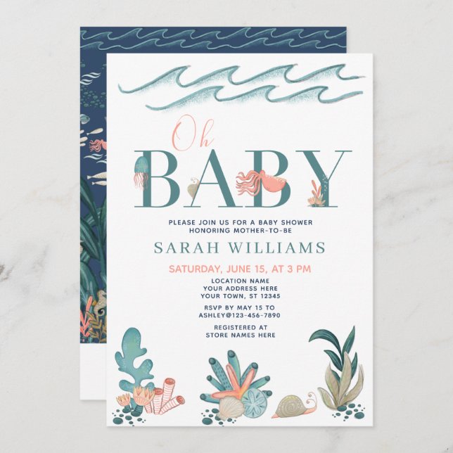 Unter dem QR-Code Wasserfarbe Oh Babydusche Einladung (Vorne/Hinten)