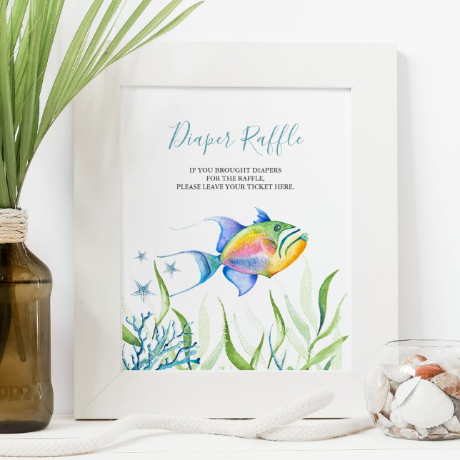 Unter dem Schild "Windeln" (fun baby shower games diaper raffle sign features tropical fish art by Victoria Grigaliunas)