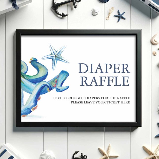 Unter dem Schild "Windeln" (Baby shower decor nautical diaper raffle sign watercolor blue octopus and starfish Do Tell A Belle)