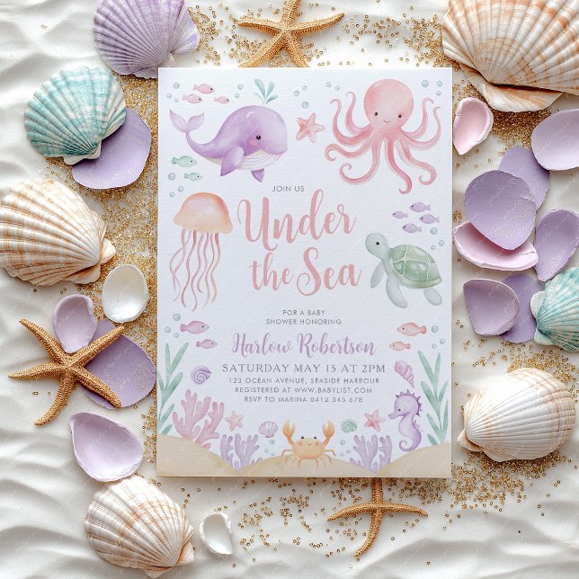 Unter dem Sea Baby Shower Ocean Girl Bright Einladung (Under the Sea Baby Shower girl Invitation | Ocean animal pink purple design.)