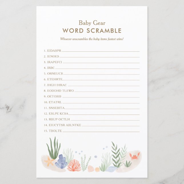 Unter dem Sea Baby Shower Word Scramble Game (Vorderseite)
