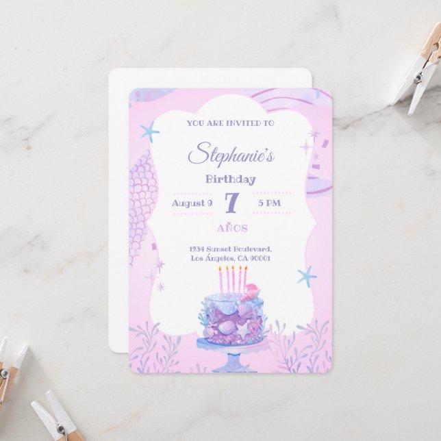 Unter dem Sea Birthday Girl's 7. Ocean Theme Einladung (Vorderseite/Rückseite Beispiel)