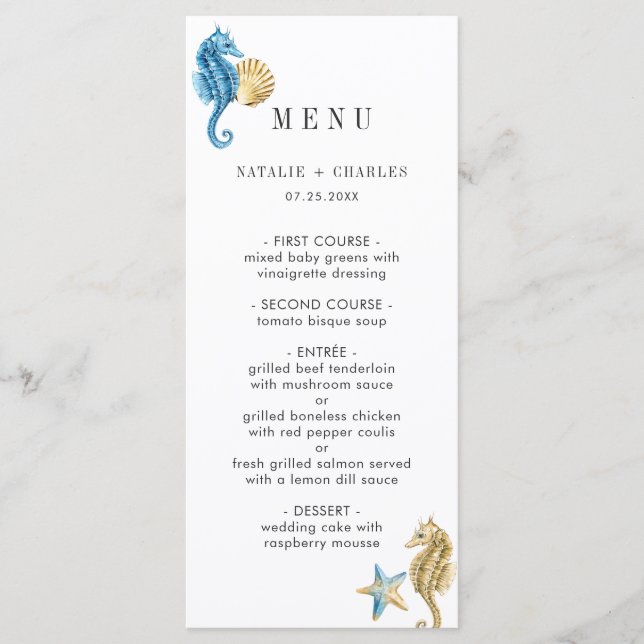 Unter dem "Sea Blue Gold Wedding Menu" Menükarte (Vorderseite)