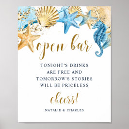 Unter dem Sea Blue Gold Wedding Open Bar Sign Poster
