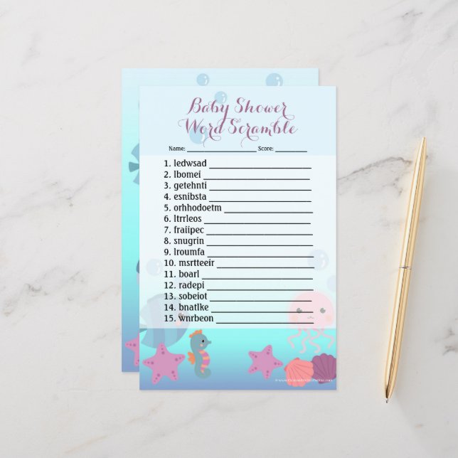 Unter dem Sea Girl Baby Shower Word Scramble Game (Vorderseite/Rückseite Beispiel)