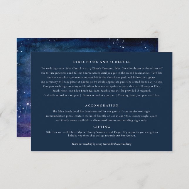 Unter dem Sternenhimmel kunstblau lila Hochzeitsde Begleitkarte (Vorne/Hinten)