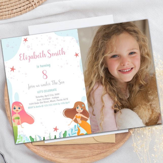 Unter dem Thema "Party für Mädchen" Einladung (8th Mermaid Birthday Invitations with photo)