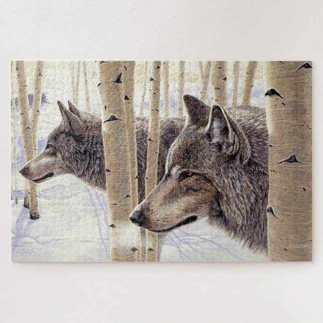 Unter den Aspens Two Wolves in Winter Snow Art Puzzle (Horizontal)