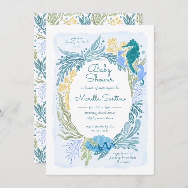 Unter den Meereswellen Seepferd Twins Boys Einladung (Vorne/Hinten)