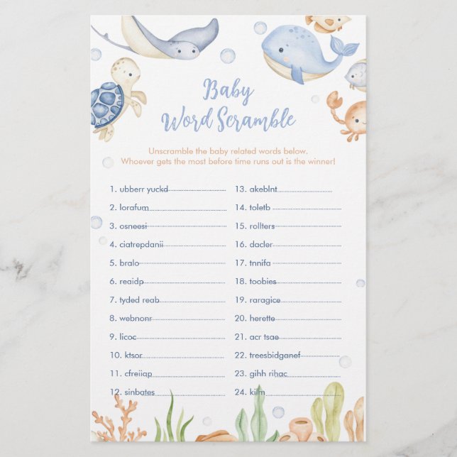Unter den Meertieren Baby Dusche Word Scramble (Vorderseite)