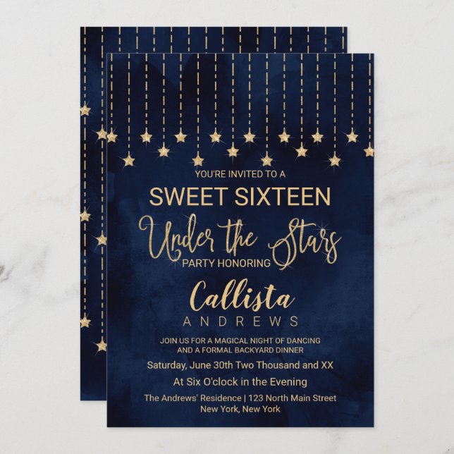 Unter den Sternen Navy Blue Gold Glitzern Sweet 16 Einladung (Vorne/Hinten)