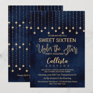 Unter den Sternen Navy Blue Gold Glitzern Sweet 16 Einladung