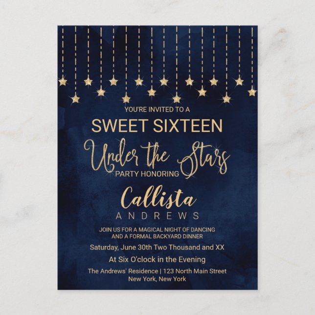Unter den Sternen Navy Blue Gold Glitzern Sweet 16 Einladungspostkarte (Vorderseite)