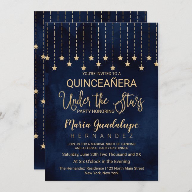 Unter den Sternen Navy Blue Gold Sparkle Quinceañe Einladung (Vorne/Hinten)