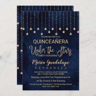 Unter den Sternen Navy Blue Gold Sparkle Quinceañe Einladung