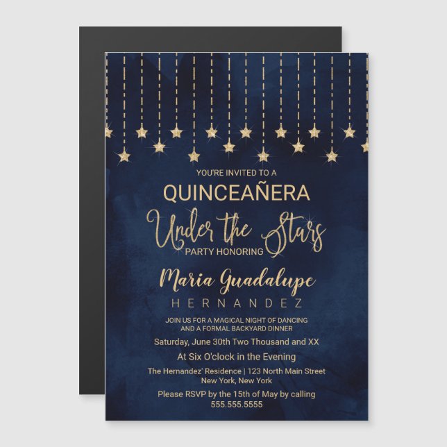 Unter den Sternen Navy Blue Gold Sparkle Quinceañe Magneteinladung (Vorne/Hinten)