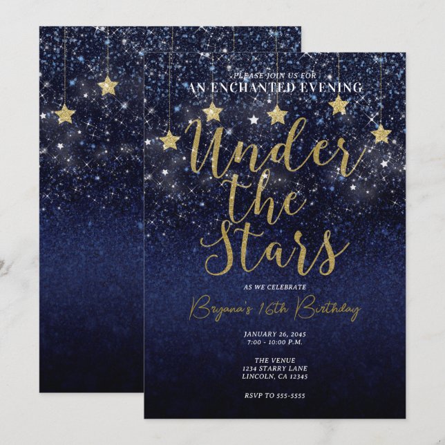 Unter den Sternen Starry Night Gold Blue Prom Part Einladung (Vorne/Hinten)