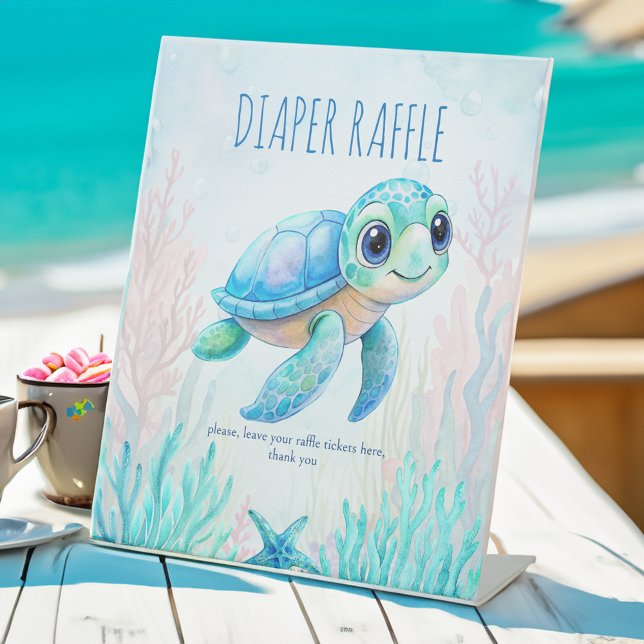 Unter der Meeresschildkröte Aqua Blue Babydusche T Sockelschild (Under the sea cute turtle aqua blue boy baby shower diaper raffle pedestal sign table decor)