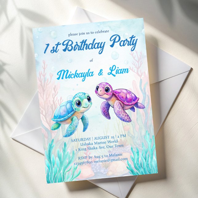 Unter der Meeresschildkröte Aqua Blue Zwillinge Ge Einladung (Under the sea turtle aqua blue  purple twins birthday party invitation template)
