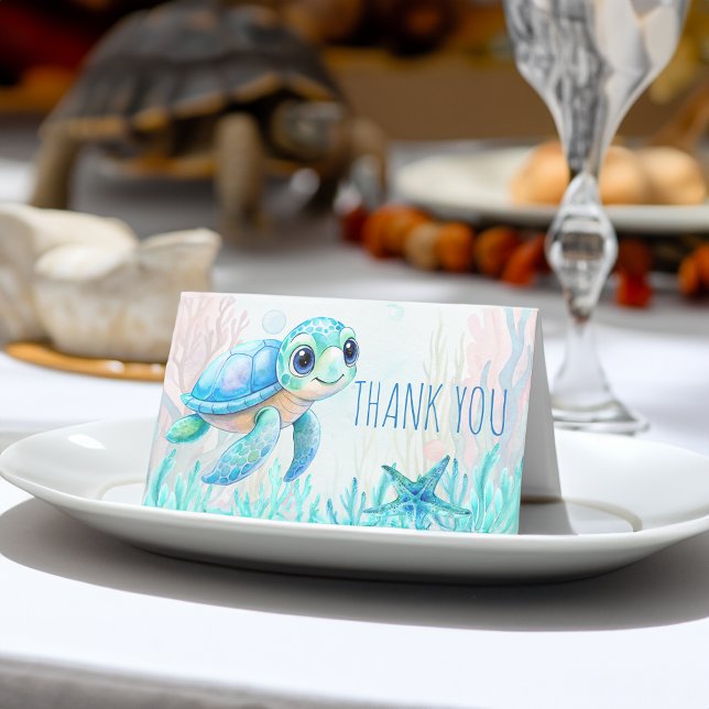 Unter der Meeresschildkröte blaue Babydusche viele Platzkarte (Under the sea turtle blue baby shower thank you place card cute qua blue baby shower table decor)