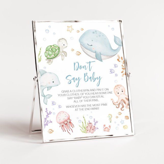 Unter der Meerjungdusche sagt man kein Baby Poster (Sea Creatures Ocean Baby Shower Don't Say Baby Sign)