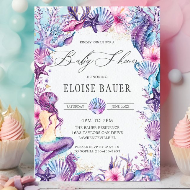 Unter der Meerjungfrau Babydusche Lila Türkis Einladung (purple-pink-mermaid-under-the-sea-shells-seahorses-baby-shower-invitation-cards-printed-digital)