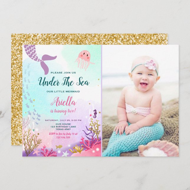 Unter der Meerjungfrau Birthday Einladung Lila (Vorne/Hinten)