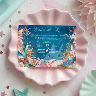 Unter der Meerjungfrau Haien Kinderpartei Einladung