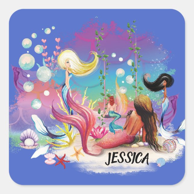 Unter der Meerjungfrau Ozean Lila Türkis Quadratischer Aufkleber (Vorderseite)