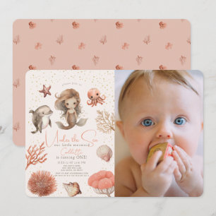 Unter der Meerjungfrau Sea Pink 1. Geburtstag Foto Einladung