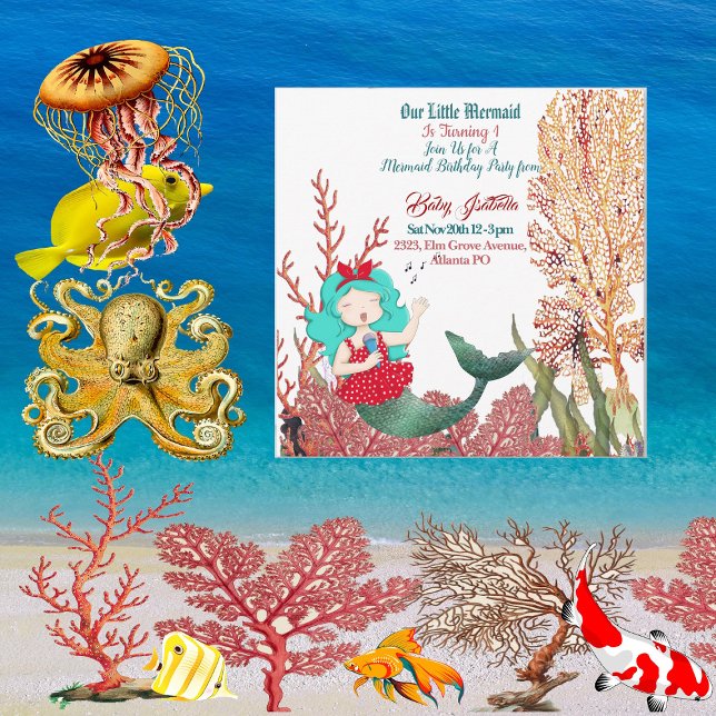 Unter der Meerjungfrau singende Korallenriff Gebur Einladung (Under The Sea Mermaid Singing Coral Reef Birthday Invitation)
