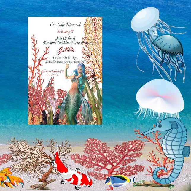 Unter der Meerjungfrau Tropical Coral Reef Geburts Einladung (Under The Sea Mermaid Tropical Coral Reef Birthday Invitation)