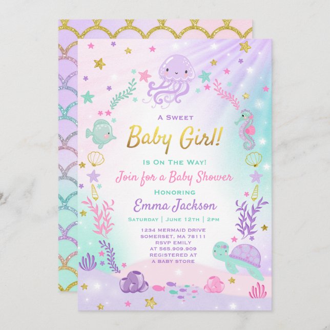 Unter der Sea Baby Dusche Einladung Pink & Gold (Vorne/Hinten)