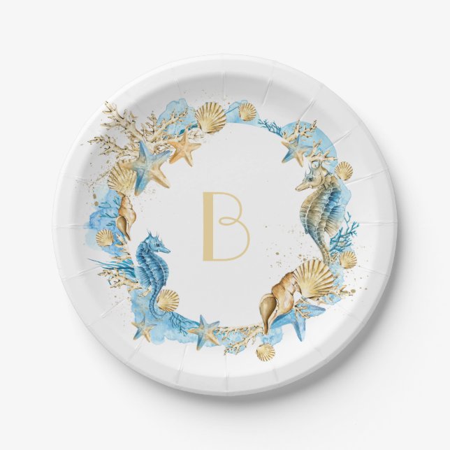 Unter der Sea Blue Gold Monogram Pappteller (Vorderseite)