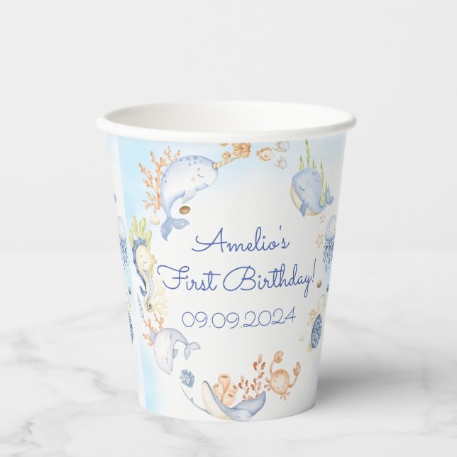 Unter der Sea Blue Sea Life Birthday Party Pappbecher (Vorderseite)