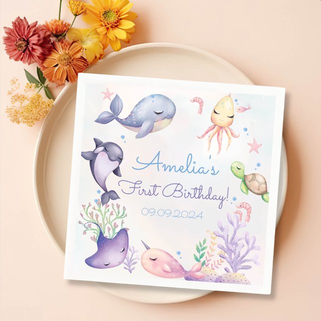 Unter der Sea Blue Sea Life Birthday Party Serviette (Von Creator hochgeladen)