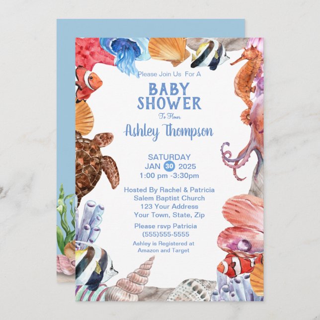 Unter der Sea Life Blue Baby Dusche Einladung (Vorne/Hinten)