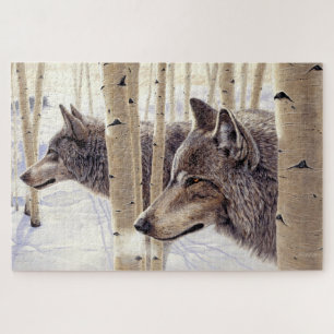 Unter Espen Zwei Wölfe in Wintersschnee Kunst Puzzle