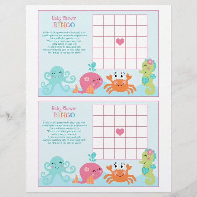 Unter Meer/Rosa Whale "Baby Shower Bingo" Blatt (Vorderseite)