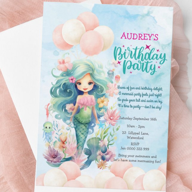 Unter Meeresfrüchten Niedliche Mädchen zum Geburts Einladung (Whimsical Mermaid Birthday Invitation - Pink & Blue Under the Sea Party - Cute Girl Kids Invite)