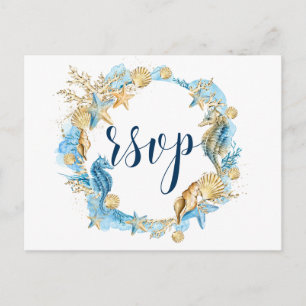 Unter Sea Blue Gold White Summer Wedding RSVP Einladungspostkarte