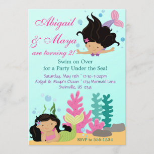 Unter Sea Twin Mermaid Girls Birthday Party Einladung