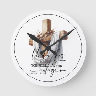 Unter seinen Flügeln Schrift Kunst – Psalm 91:4 Runde Wanduhr