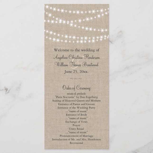 Unter Twinkle Lights on Burlap Wedding Programm (Vorderseite)